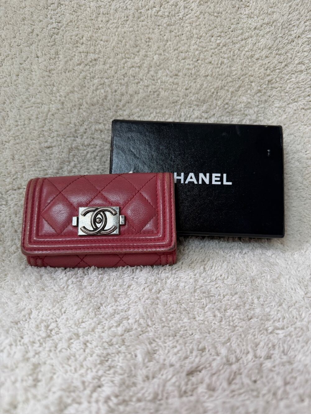 Chanel Boy Flap Wallet Pink Quilted Caviar Leather Silver CC Logo With Box